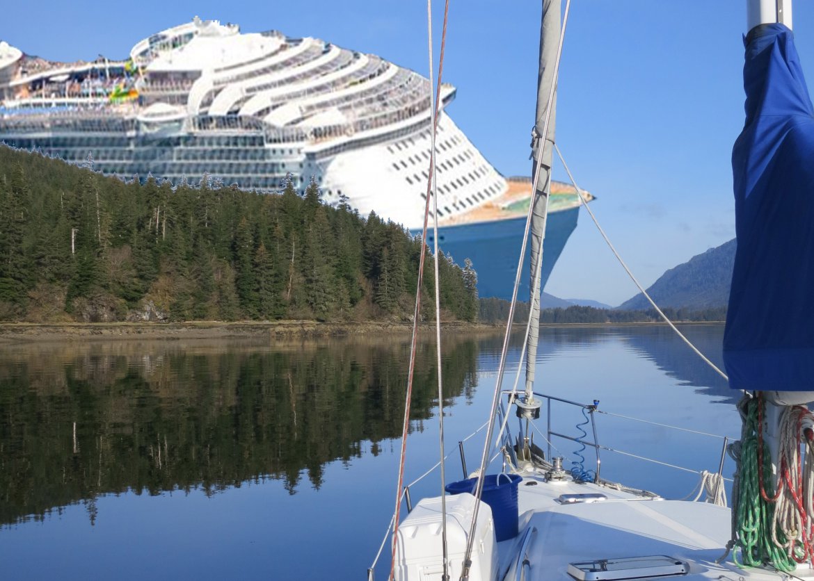 Alaska's largest cruise ship towering over SV Bob